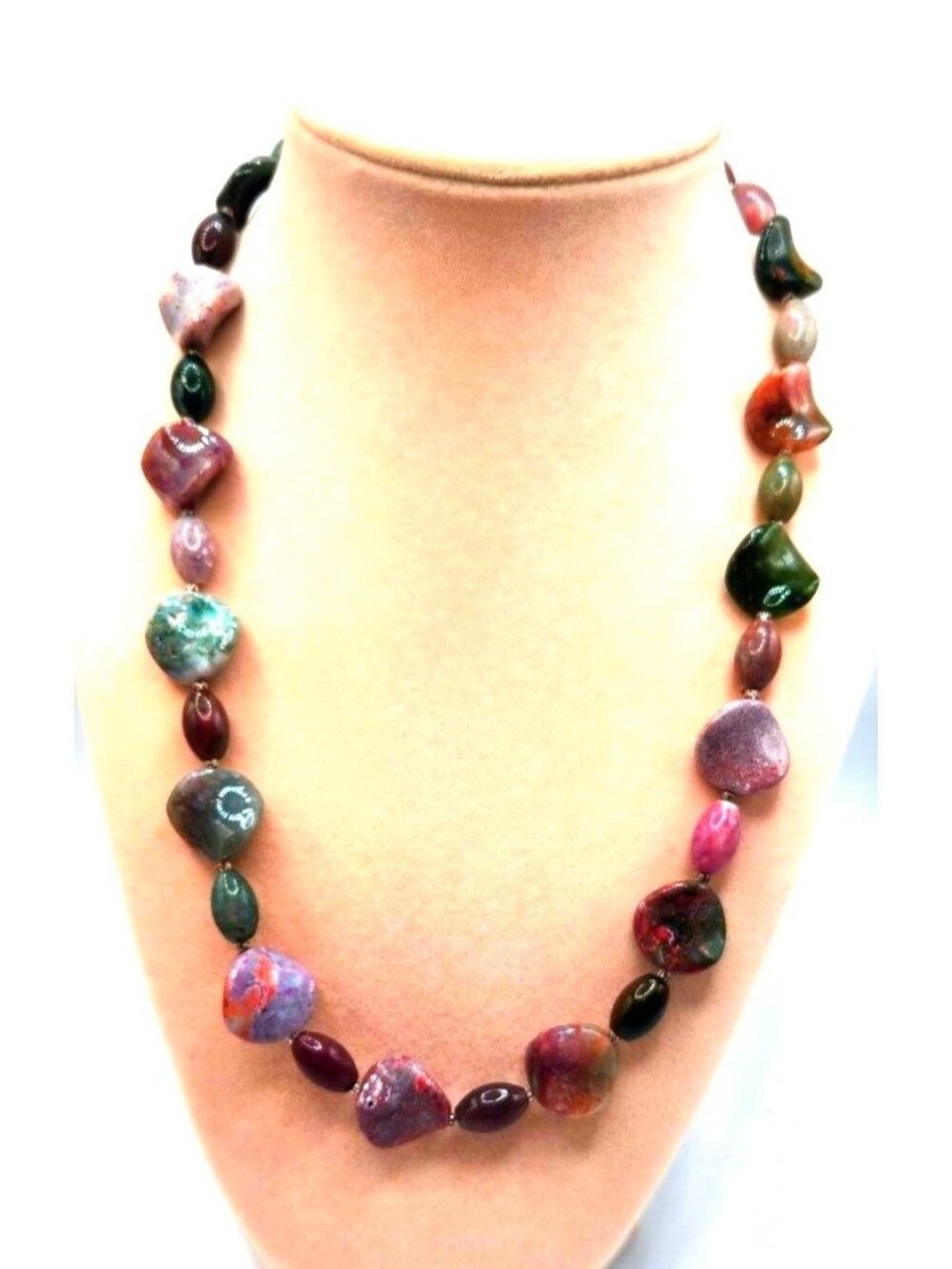 Tumbled Glossy Glass Asymmetrical Beaded Necklace With 925 Sterling Silver Clasp